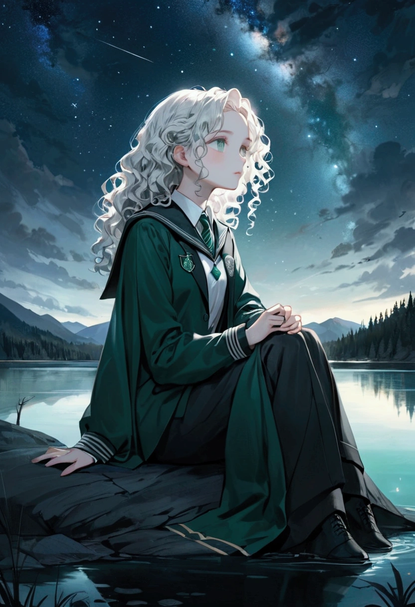 Beautiful long white curly haired girl, wearing a slytherin uniform, sitting next to Tom Riddle at the black lake, gazing up at the stars