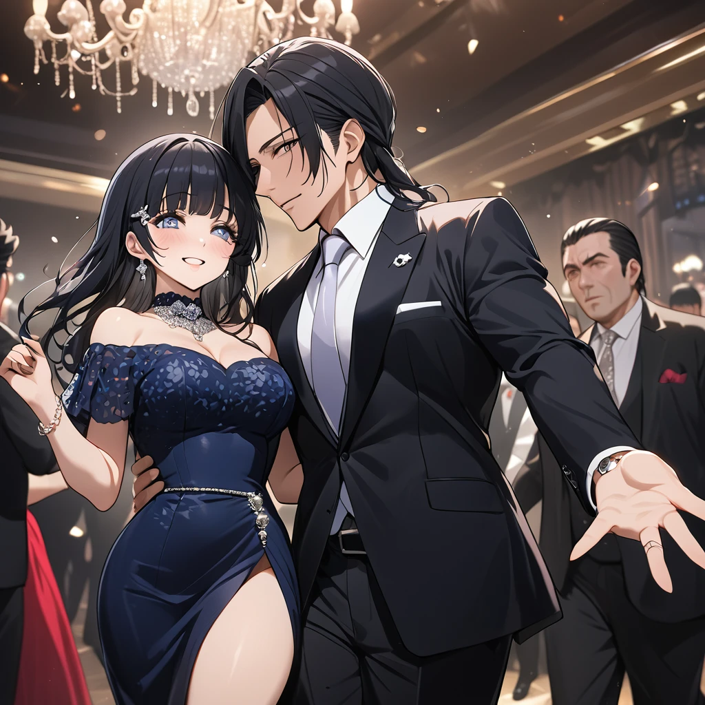 ((Highest quality)), ((masterpiece)), (detailed), (Perfect Face)、The woman is Reika Aoki, the wife of a mafia boss, with medium-long black hair and an engagement ring.、The woman is being escorted by a mafia boss at a posh party venue.、The woman is happily escorted by the mafia boss, making them seem like a happy couple.、The woman has taken on the air of a mafia boss' wife and has become a total mafia member.