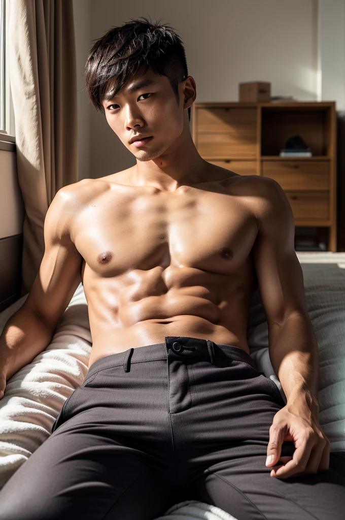 A shirtless Japanese man with sun-tanned skin, wearing boomerang pants, lying in his room at home, sweating in the hot summer, beautiful detailed eyes, beautiful detailed lips, extremely detailed eyes and face, long eyelashes, photorealistic, 8k, high quality, cinematic lighting, dramatic shadows, warm color tones, intricate details, realistic skin texture, detailed clothing folds, natural lighting