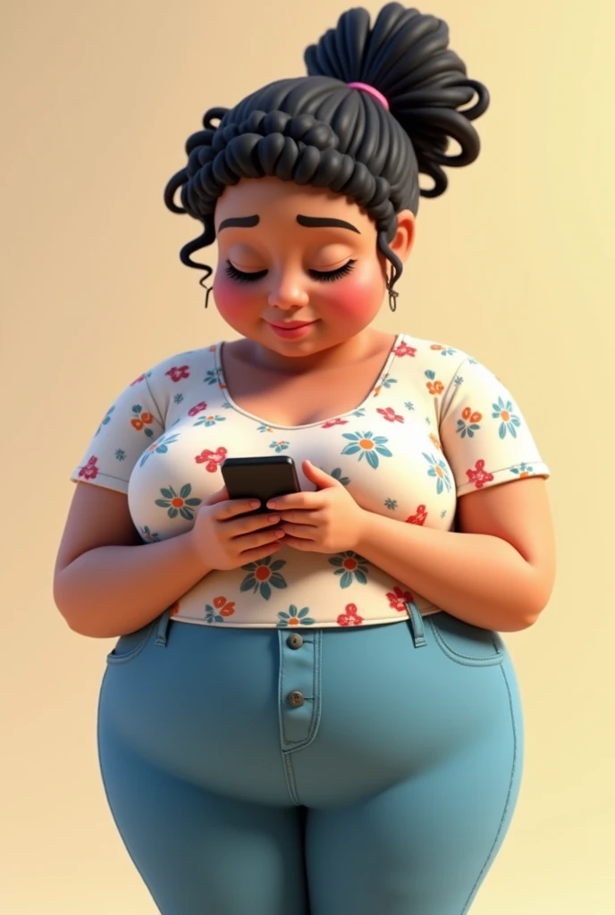 Mary, 30years, brunette skin, chubby, voluminous breasts, black curly hair tied behind the head, looking at cell phone ,wearing a floral blouse and blue pants, pixar 3d illustration