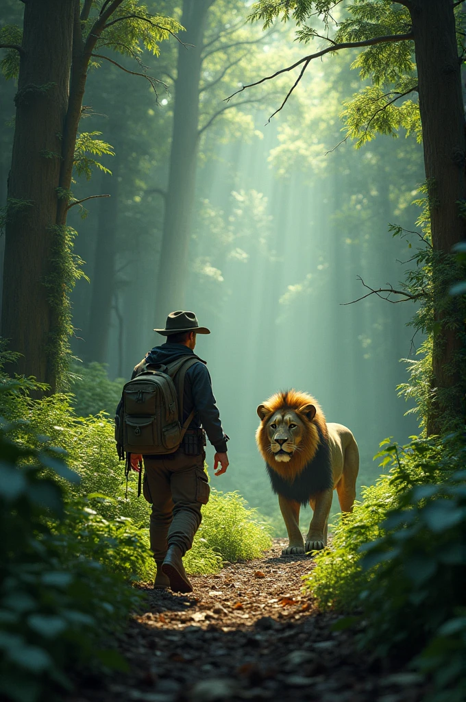 A man walking  in forest with lion