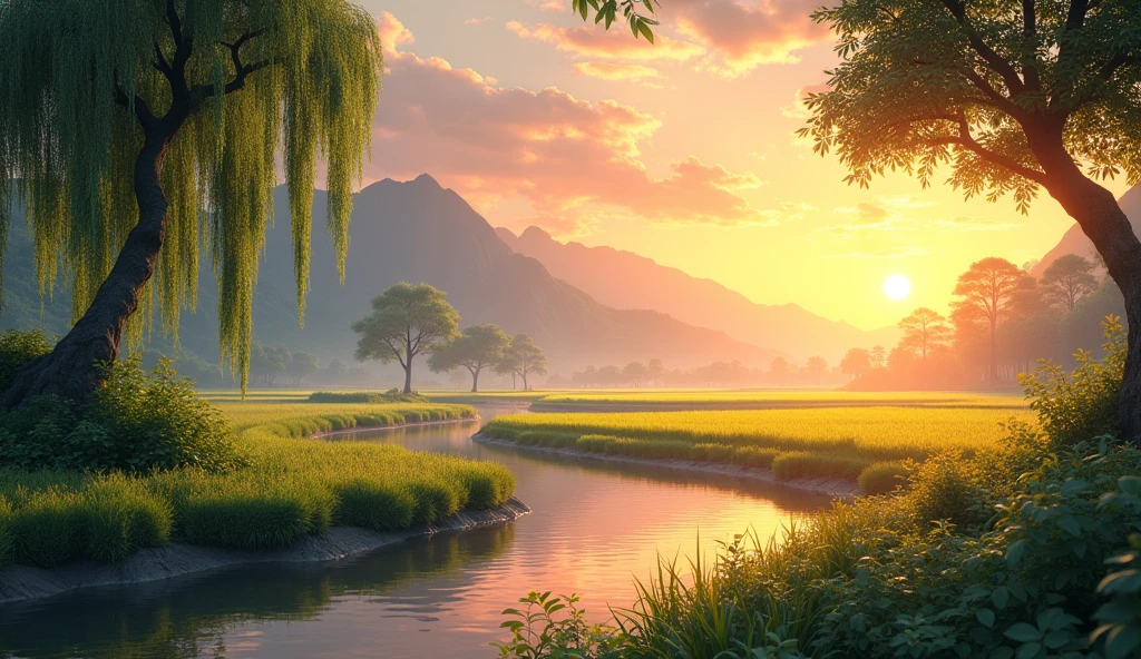 The mountains in the distance are reflected in the sunset,At the foot of the mountain,Tree-lined,The leaves sway gently in the breeze,As if dancing with the sunset,Leaves in the sunset,sprinkle,Draw beautiful patterns on the Earth,A small river,River at sunset,shiny,Flashing Lights,Weeping willow by the river,Willow branches swaying in the wind,The other side of the river,it'in a rice field,The afterglow of the setting sun sprinkles on the rice fields,it's like a sea of gold,A gentle breeze blows,Beautiful sunset scenery。The afterglow of the sunset gradually disappears,Realistic style