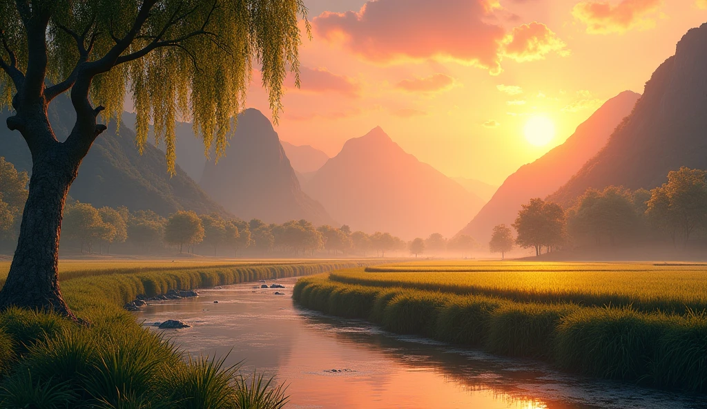 The mountains in the distance are reflected in the sunset,At the foot of the mountain,Tree-lined,The leaves sway gently in the breeze,As if dancing with the sunset,Leaves in the sunset,sprinkle,Draw beautiful patterns on the Earth,A small river,River at sunset,shiny,Flashing Lights,Weeping willow by the river,Willow branches swaying in the wind,The other side of the river,it'in a rice field,The afterglow of the setting sun sprinkles on the rice fields,it's like a sea of gold,A gentle breeze blows,Beautiful sunset scenery。The afterglow of the sunset gradually disappears,Realistic style