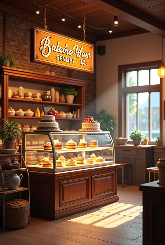 "Create a detailed image of a cozy bakery shop interior with a large sign that reads 'Backery Shop' prominently. Include a display case featuring a variety of cakes, including a decorated photo cake with a custom image on it. The setting should be inviting, with warm lighting and a charming, rustic design."