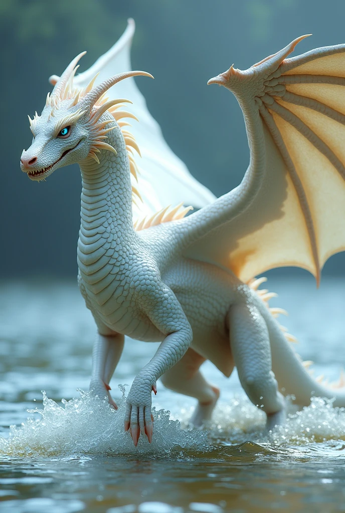 Side view of a beautiful 4 legged large female white dragon with large wings, and snake-like electric blue eyes walking on all 4 legs in shallow water, fierce features, sharp teeth, long tail, spikes along head and back with serpent-like quality features, The white scales of the dragon shimmer against the water, The wings of the dragon are in full view.