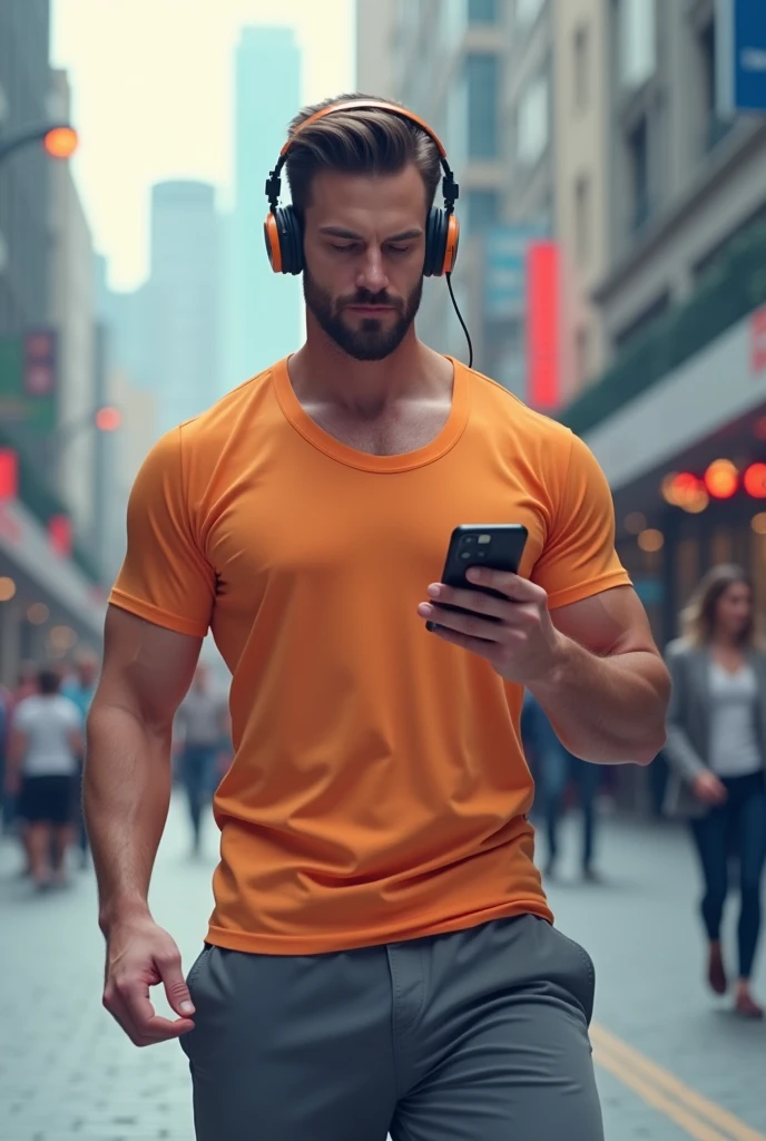 Create a picture of a man who is 2 and physically good and wear a halt tshirt and joggers and wear a headphone and have a mobile phone in his hand he is casually stand infront of a 