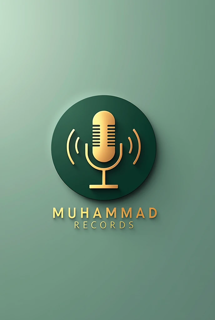 Design a sophisticated yet simple logo for 'Muhammad Records,' an Islamic recording studio that specializes in advertisements. The logo should feature a sleek microphone icon with sound waves emanating from it, symbolizing recording and broadcasting. The overall design should be modern, with clean lines and a minimalistic approach, yet convey a sense of elegance and professionalism. Use a color palette of deep green and gold to evoke both Islamic heritage and luxury, making the logo stand out while remaining refined.