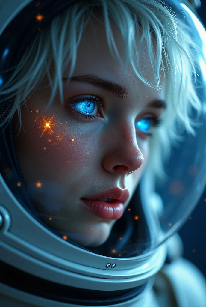 (Close-up of a better masterpiece:1.5)0.9], (Space and astronauts:1.2) (Messy silver hair:1.1) (Heterochromia xanthochromia and blue eyes:1.2) (Space Helmet:1.0) (Colored stars in the eyes:1.0) (A radiant glow:1.1) (thick lips:0.9)