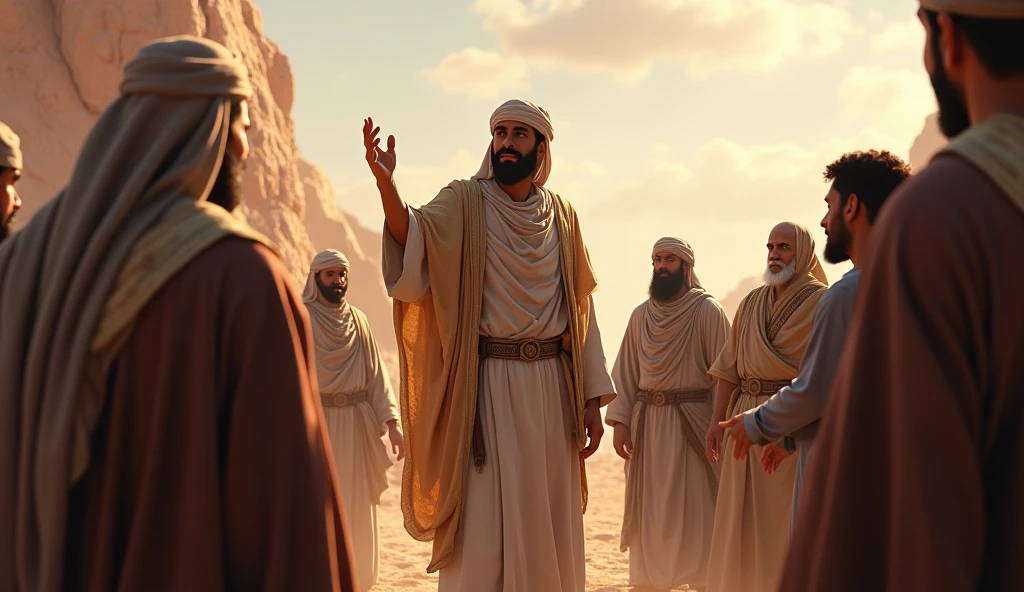 A picture of the Prophet Saleh standing among his people, raising his hand to call people to Islam, while the people around him show signs of confusion and hesitation.
