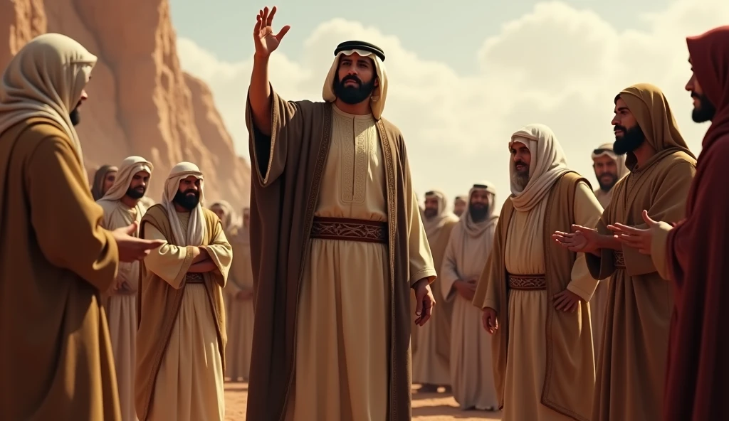 A picture of the Prophet Saleh standing among his people, raising his hand to call people to Islam, while the people around him show signs of confusion and hesitation.