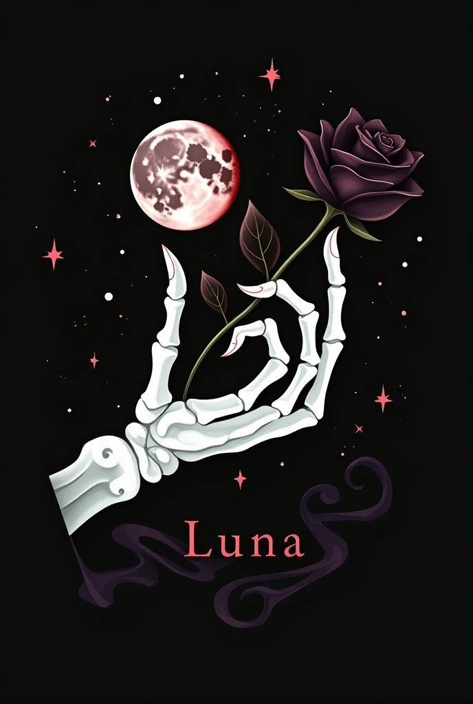 High resolution, logo spelling Luxury “LUNA” , brand logo, LUNA”, shooting stars, Waves of hallucinations inside “LUNA, splash, black roses with green leaves, blood moon, horror, white background, skeleton hand holding black rose, tattoo, blood moon,