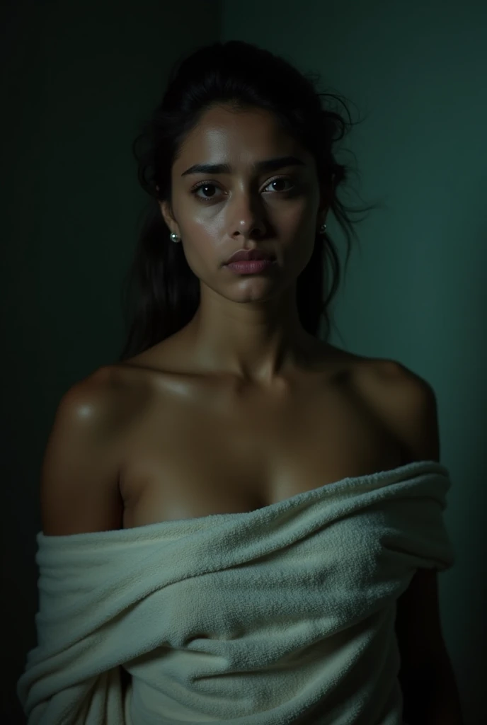 Sanjana sanghi, full body, in a towel, confused face, dimly lit room