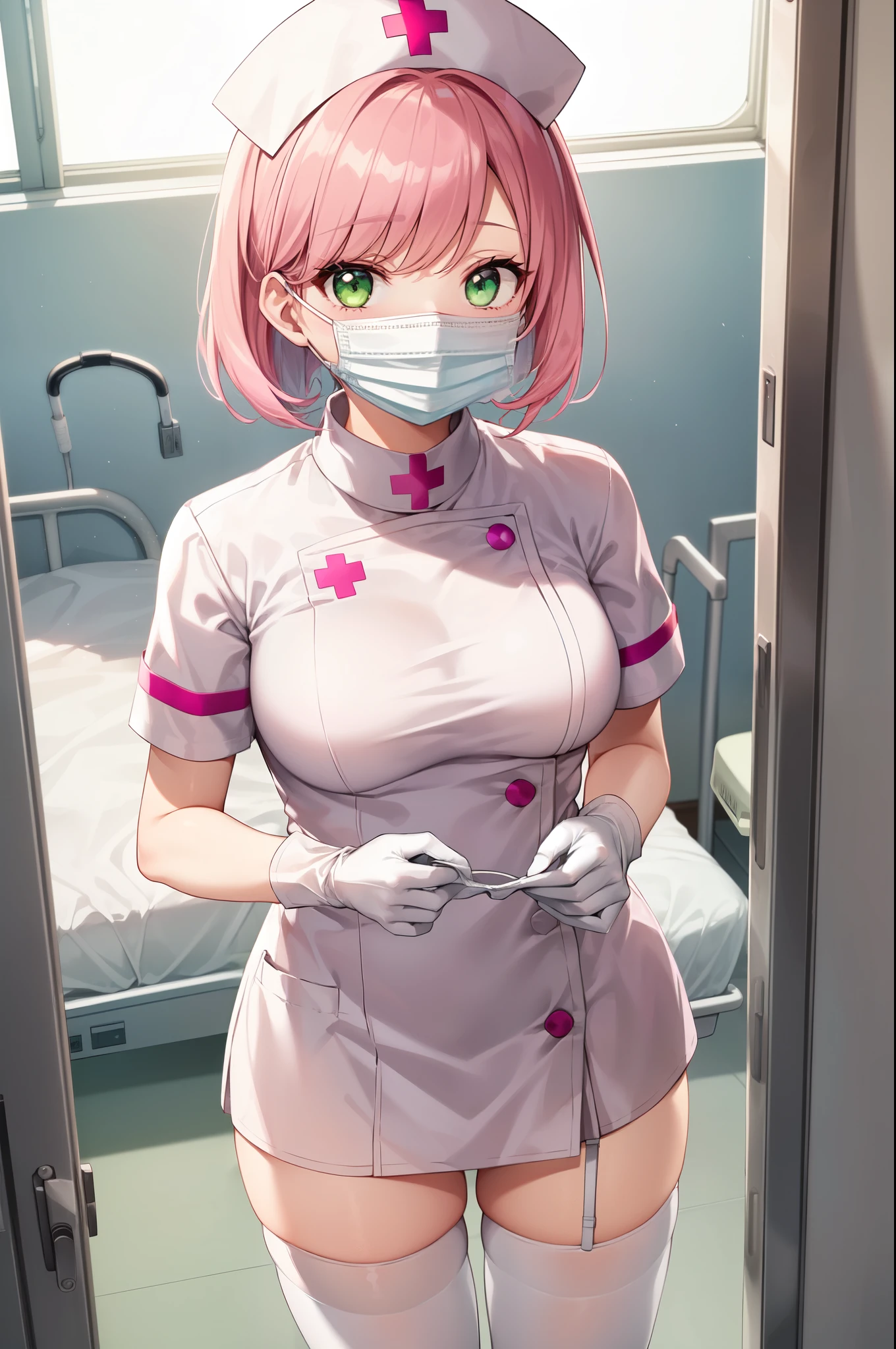 1girl, solo, nurse, white nurse cap, white nurse uniform, ((white legwear, zettai ryouiki)), white gloves, pink hair, green eyes, drooping eyes, ((white surgical mask, covered nose)), standing, ((hospital room)), sharp outline, short sleeves, best quality, masterpiece