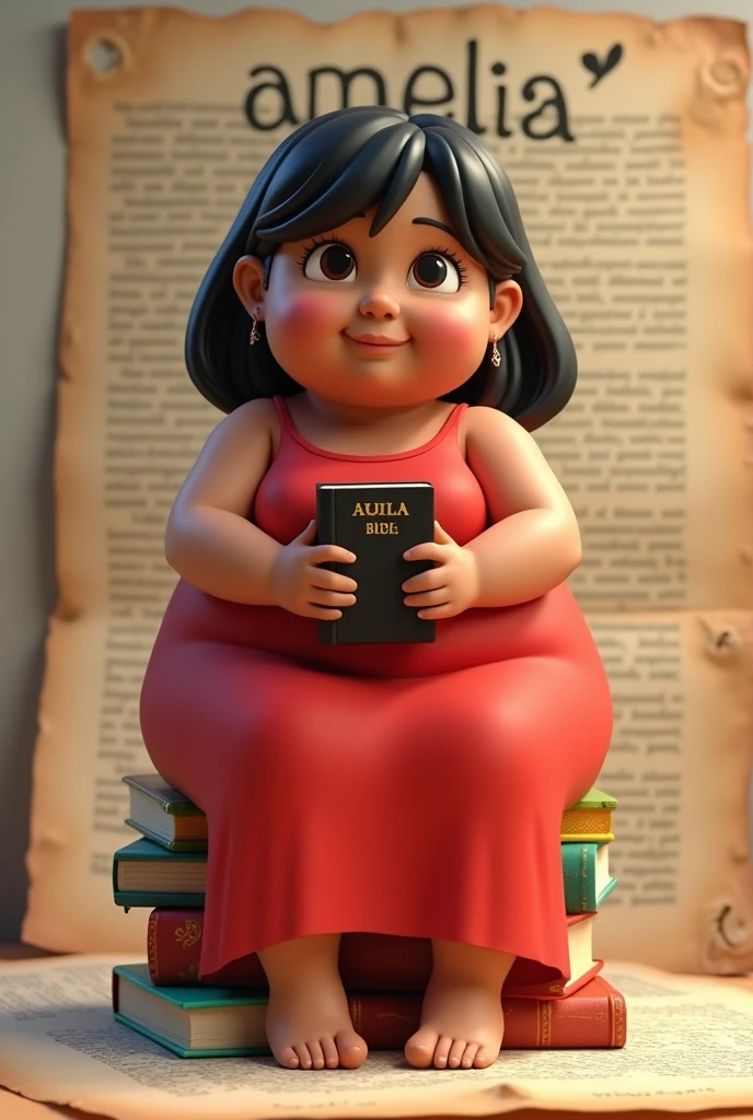 Comando: Create a 3D illustration of an animated Brazilian character sitting casually on top of "textbooks". The character must wear a long red dress, shoulder length hair black and straight, brunette skin, slanted eyes, very fat and round, ear without earrings and holding a Bible. The background of the image is a beautiful page with the username "Amelia".