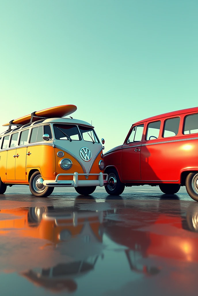 (photorealism:1.2),  Kombi with a surfboard on the roof hits vintage car, perfil view, clean background, 90 degrees, 8K, High Quality, 