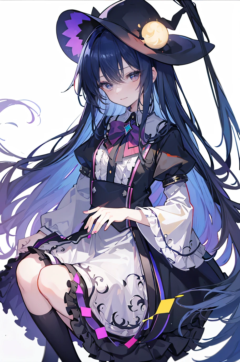 oung Girls,Humanity,A magician always smiles,big witch hat,cute,dark blue long hair,The eyes are dull,The bangs are heavy,Thin eyebrows,fantasy,intake,Double teeth,Star Theme,Constellation pattern,Solid color clothetal decoration,cloak,A bit of a dark atmosphere,A little crazy smile,When the big moon shines outside at night,blood,Hair black star embellishment,Short tie,No nails,High waist skirt,Bell sleeves,Long-sleeved shirt,Black tie,low risk,gentlemen。Mist、Yellow and white effect，Shocking pink as an accent color