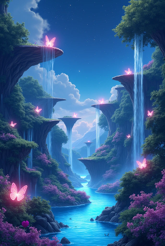 Viral anime nature wallpaper in 4K quality, in the style of digital illustration inspired by Satoshi Kon, depicting a dreamlike garden with floating islands, waterfalls cascading down, and glowing butterflies; surreal and vibrant color temperature, cosmos lighting with stars twinkling in the sky, no human characters, the atmosphere is surreal and mesmerizing –v 5 –stylize 1000