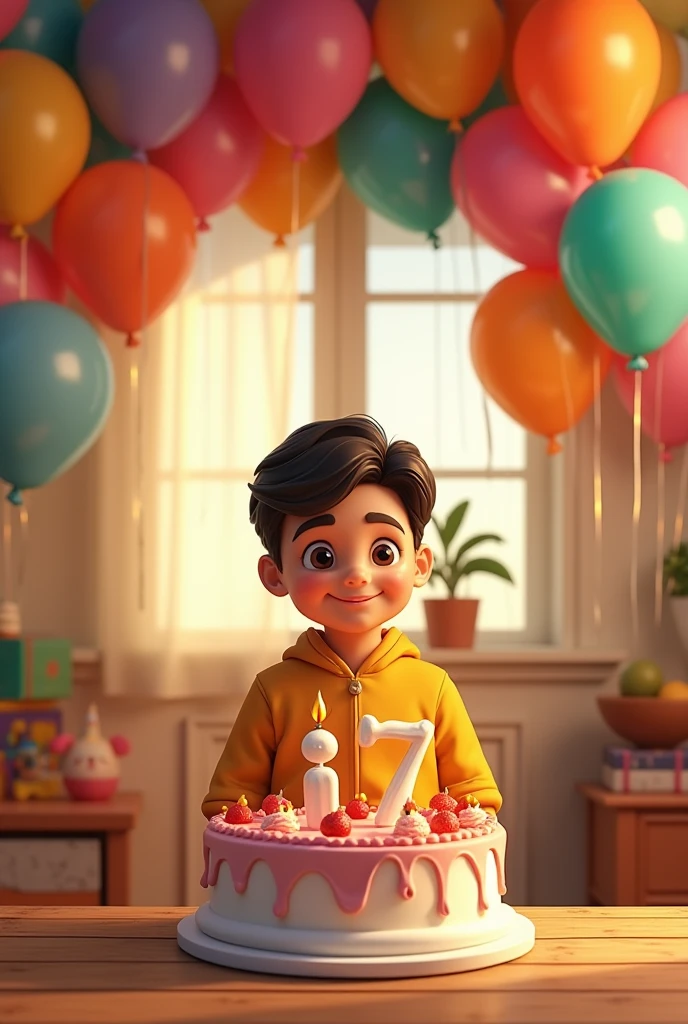 a birthday party where Happy birthday dear Hassan written on balloons. these balloons are on the walls.A beautiful cake laying on a table letters 'i7' written on it.