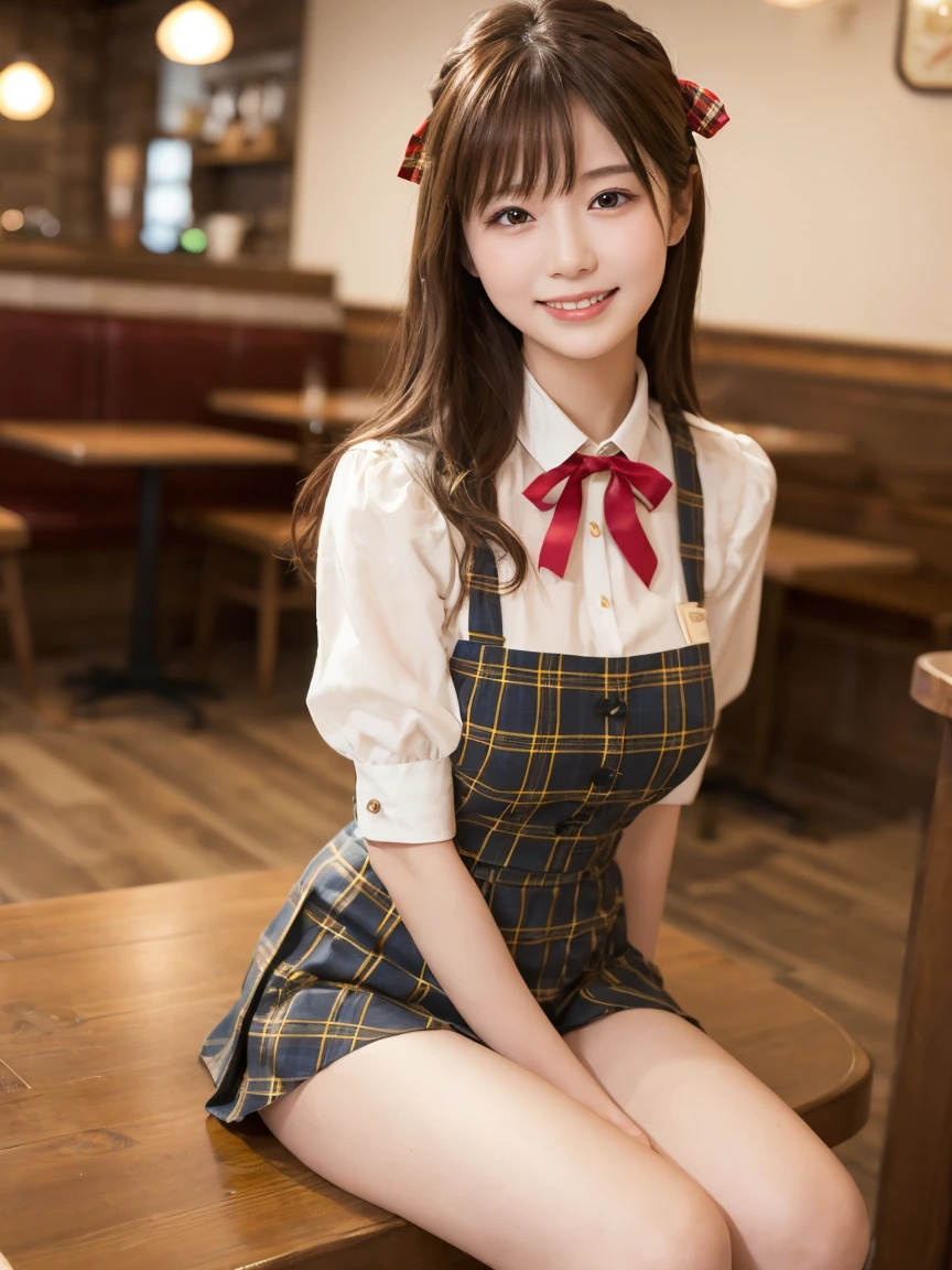 1 girl、(RAW Photos、Highest quality)、(Real、フォトReal:1.4)、Tabletop、Very delicate and beautiful、Very detailed、2k wallpaper、wonderful、Detailed、Very detailedCG Unity 8k壁紙、Super detailed、2、High resolution、(Yellow tartan waitress outfit)、Pleated skirt、Elegant skirt、Big Breasts、Frills、ribbon、Soft Light、Beautiful detailed girl、Puff sleeves、Cafeのウエイトレス、smile、Happy Face、Cafe