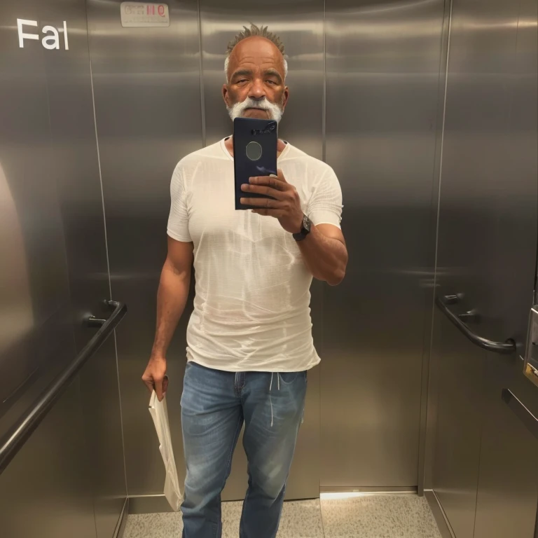 arafed man taking a selfie in an elevator with a cell phone, taken in the early 2020s, photo of a 50-year-old white man, paul pepera, in an elevator, he is about 60 years old, he is about 6 0 years old, full body picture, selfie of a man