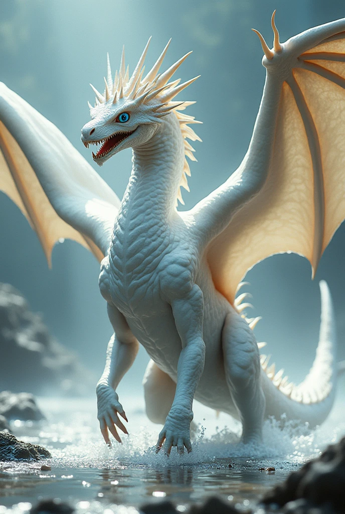 Side view of a beautiful 4 legged large female white dragon with large wings, and snake-like electric blue eyes walking on all 4 legs in shallow water, fierce features, sharp teeth, long tail, spikes along head and back with serpent-like quality features, The wings of the dragon are in full view.