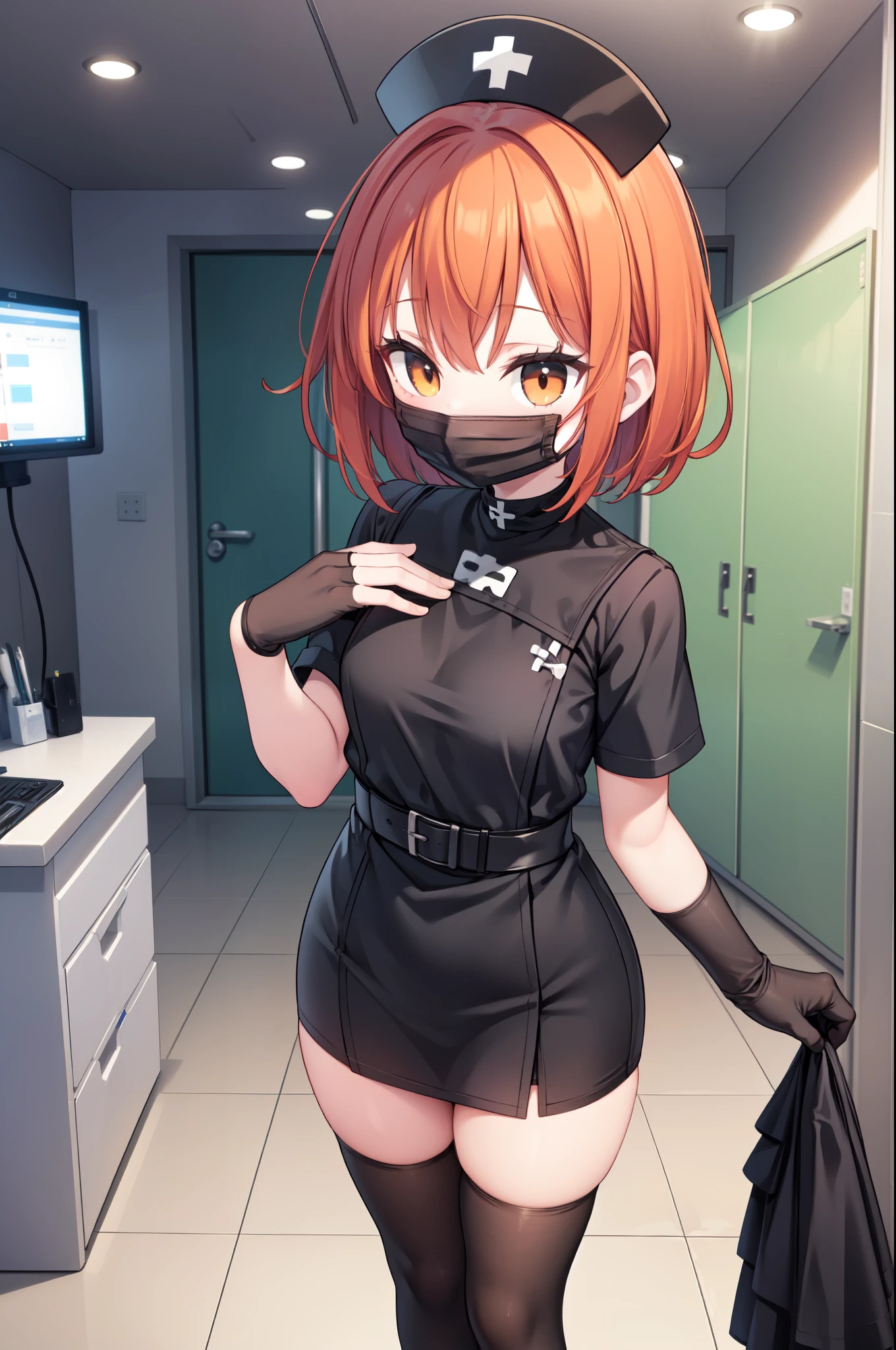 black nurse, 1girl, solo, black nurse cap, black nurse uniform, ((black legwear, zettai ryouiki)), black elbow gloves, very short hair, orange hair, ((black surgical mask, covered nose)), standing, ((surgery room)), sharp outline, short sleeves, tomboy, boyish, best quality, masterpiece