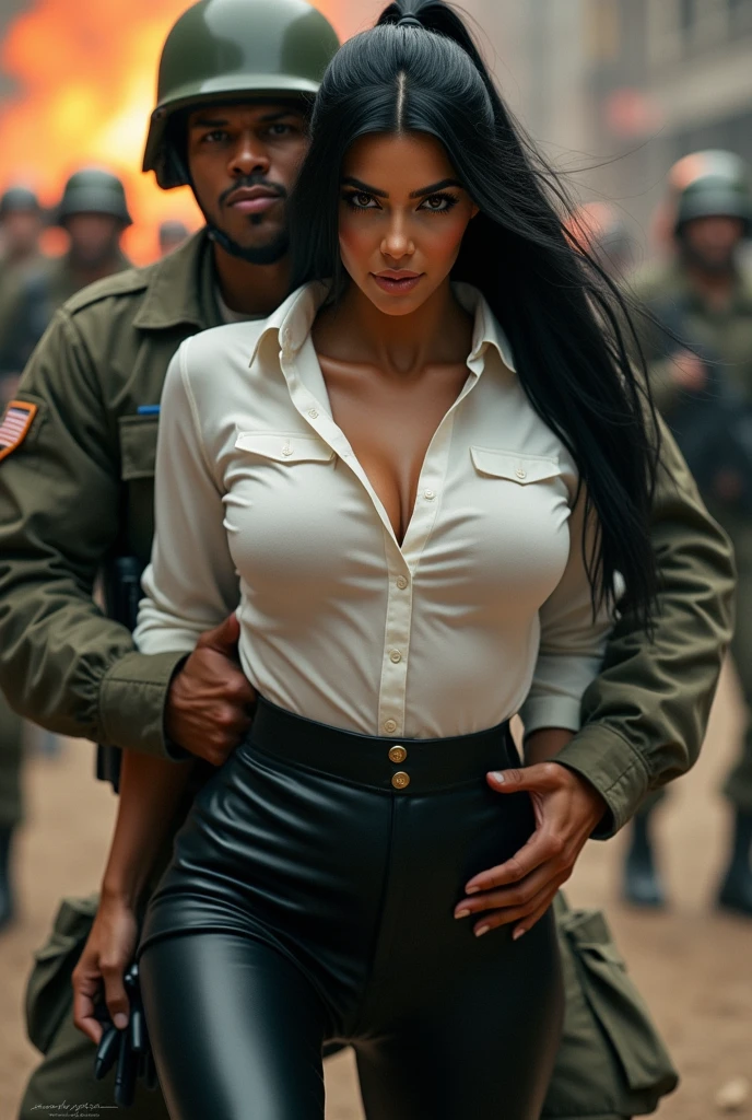 Kim Kardashian with long straight black hair in a ponytail in a white shirt with buttons with sleeves and not belly-free, generous cleavage,in very tight black leather pants , she fights with a soldier 