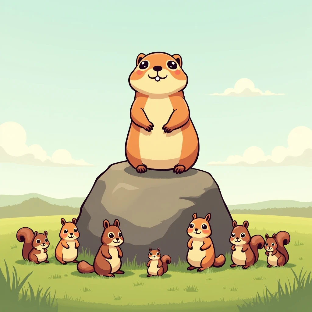 Chibi Style, 2-panel cartoon, dot halftone, Flat Color, プレーリードッグ sitting on top of a rock near a grassy field, servant squirrels, gopher, small animals, national geographic channel