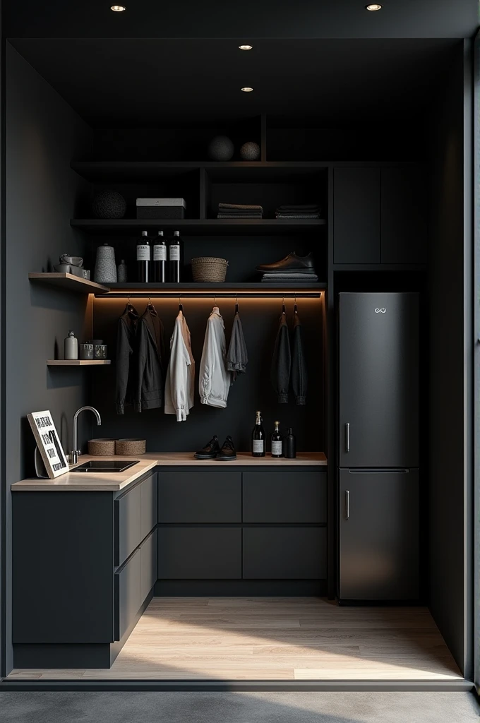 A room 4*3 black color, where there are clothes, a refrigerator and shelves for products