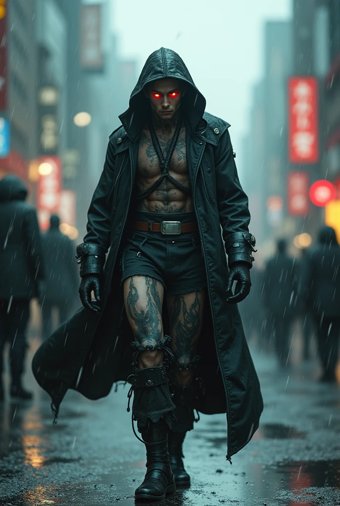 Rain, fragments splash Snowflakes, particles blender Cinematic Composition A realistic photoshoot of an Japanese male model cosplaying evangelion suit classic, hair style conceptual Tim burton messy wind akira toriyama as from RAW photography tmasterpiece Anthropomorphic humanoid akira kaneda's jacket rage facing eyes glow red red gold Torn Viking costume wearing Street attire, Walk wildly through the crowd, intricately details, Intricate work by Gribors, Behind the city, fit-muscled body, Large muscles, Muscular arms, Small head, Scary ogres, Titan soft lighting, Ultra photo realsisim, gentle illumination, sinister environment filmed by Zack Synder variant angles dynamic 