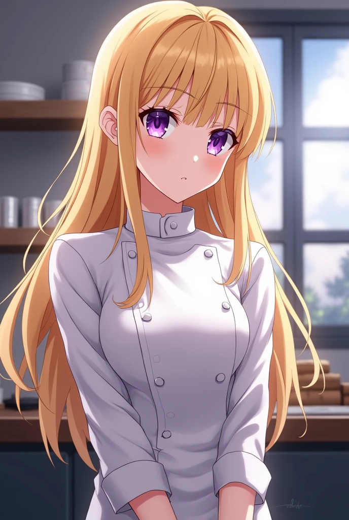 highres, masterpiece, 1girl, solo, nakiri erina, blond hair, purple eyes, detailed eyes, long hair, cute, chef outfit, white jacket, white pants, shokugeki no souma, detailed facial features, intricate details, professional lighting, photorealistic, studio lighting, cinematic lighting, vibrant colors, hyper detailed