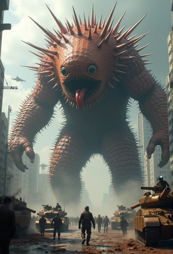 The giant chestnut monster crossbred with a sea urchin creature and became a monster. The giant chestnut monster is trying to kill nearby people by stabbing them with its thorns. People run away in panic. The chestnut monster is bigger than a building, and the Self-Defense Forces, jet planes and tanks attack the monster.