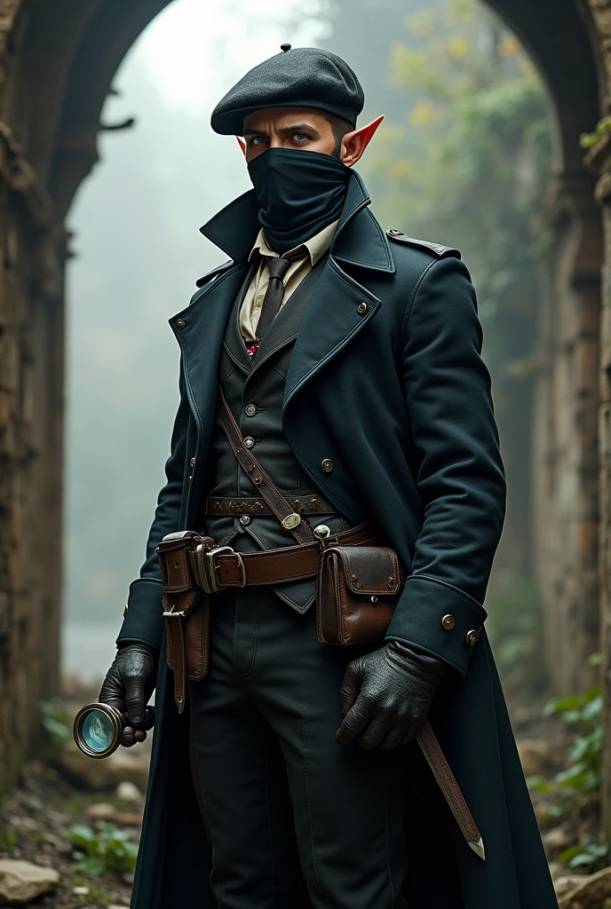 A half-elf who hides his pointy ears with an English-style beret, wearing a leather-trimmed suit as part of his undergarment, and wearing an overcoat in front of his clothing. and from the armor set, he has blue eyes, in a sheath on the right he has a short iron sword, and in front of his belt he has a pouch, in his right hand he uses a magnifying glass and in the left He holds a first aid kit, the scenery behind him is reminiscent of a medieval house in pieces, and he has a mysterious air as does his face which is half covered by a piece of cloth.