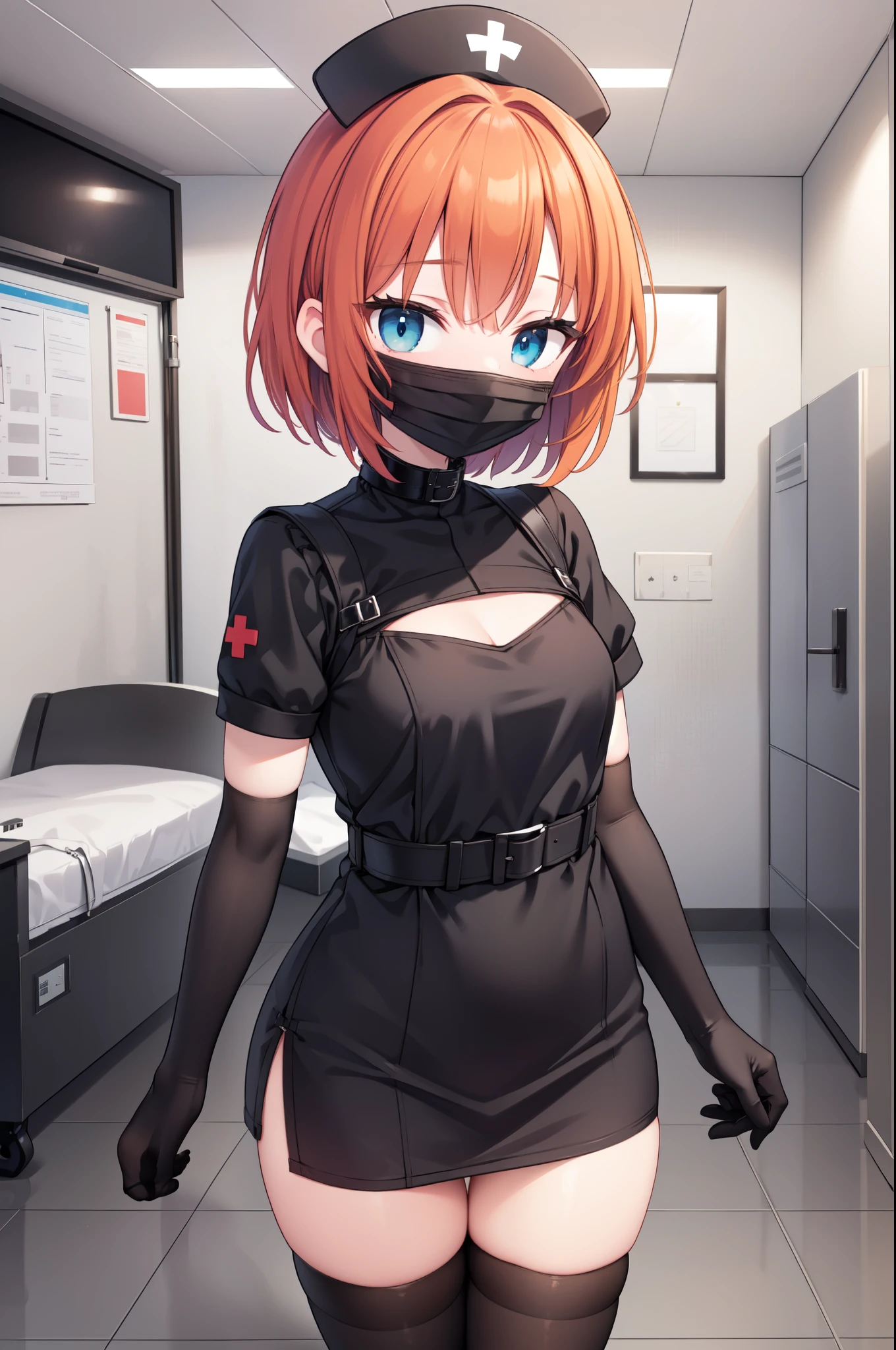 black nurse, 1girl, solo, black nurse cap, black nurse uniform, ((black legwear, zettai ryouiki)), black elbow gloves, very short hair, orange hair, ((black surgical mask, covered nose)), standing, ((surgery room)), sharp outline, short sleeves, tomboy, boyish, best quality, masterpiece