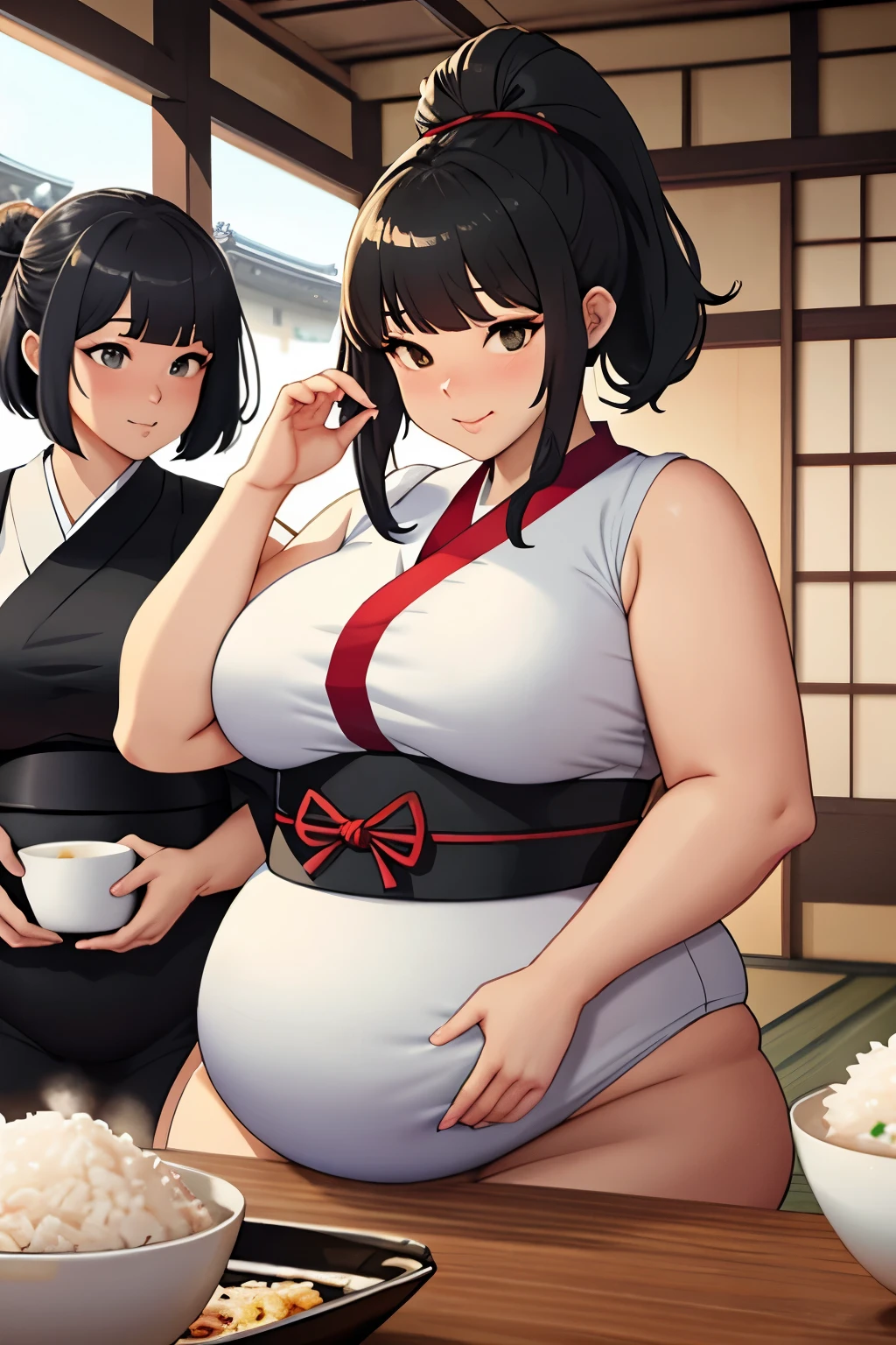 2fat sumo girls eating a lot of rice bowls, black hairs, black eyes, minimalistic white sumo mawashi outfits, inside Japanese temple background, medieval Japan
