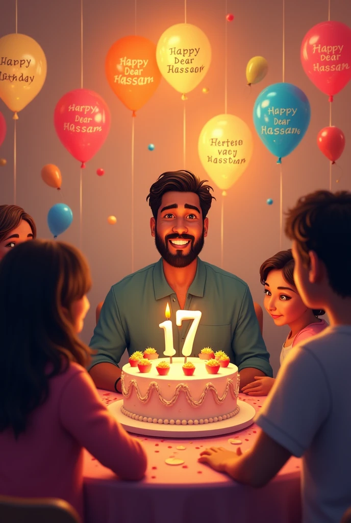 a birthday party where Happy birthday dear Hassan written on balloons. these balloons are on the wall.A beautiful cake laying on a table letters 'i7' written on it.