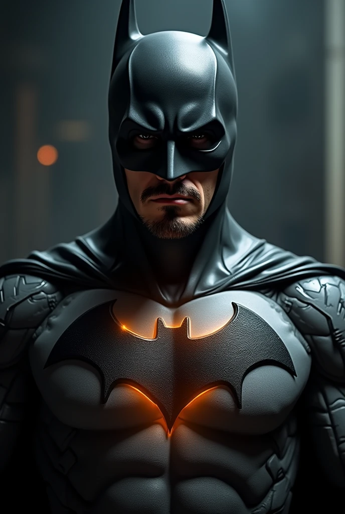 Robert Downey Jr in batman suit and light on chest like Ironman suit.