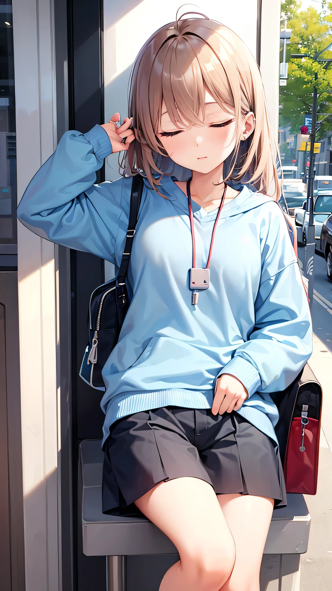 Very cute girl、Earphones in ears、Eyes closed、Sleeping
