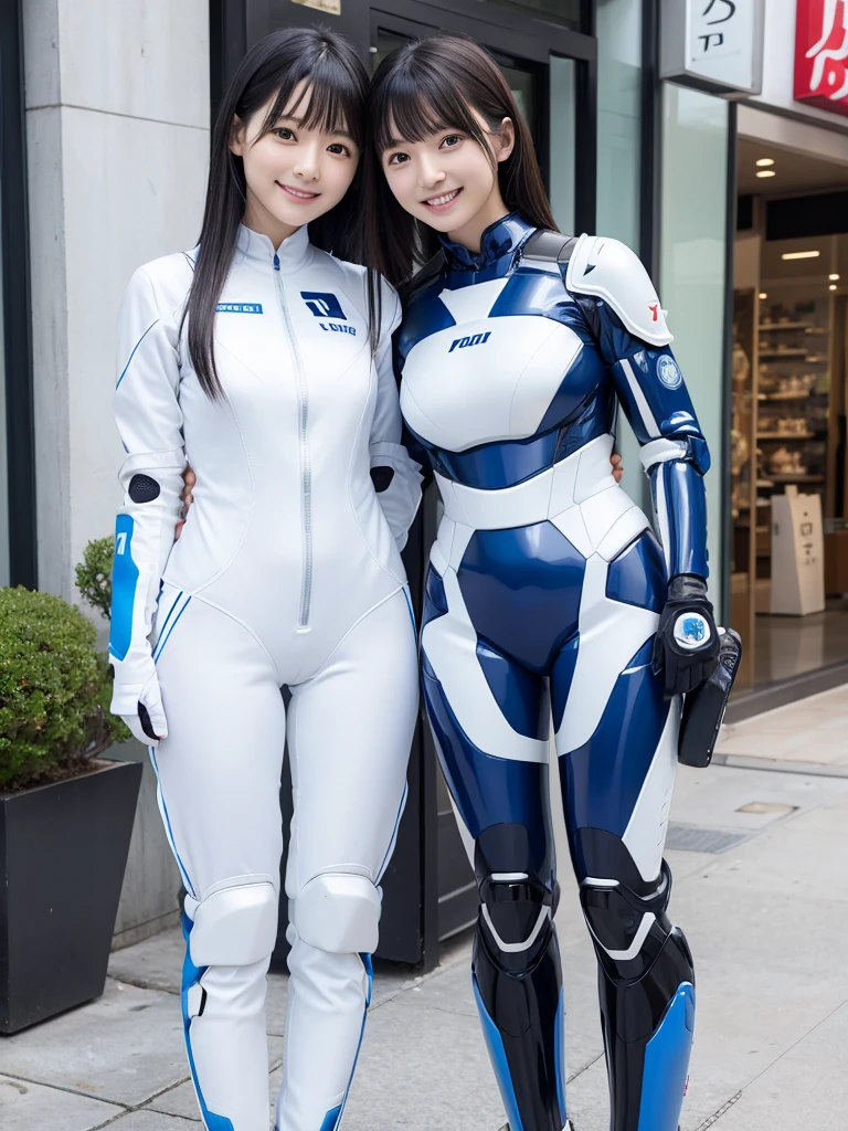 Japanese female android sisters,Black Hair,White and blue robot suit,Plump,Enjoying shopping,smile,