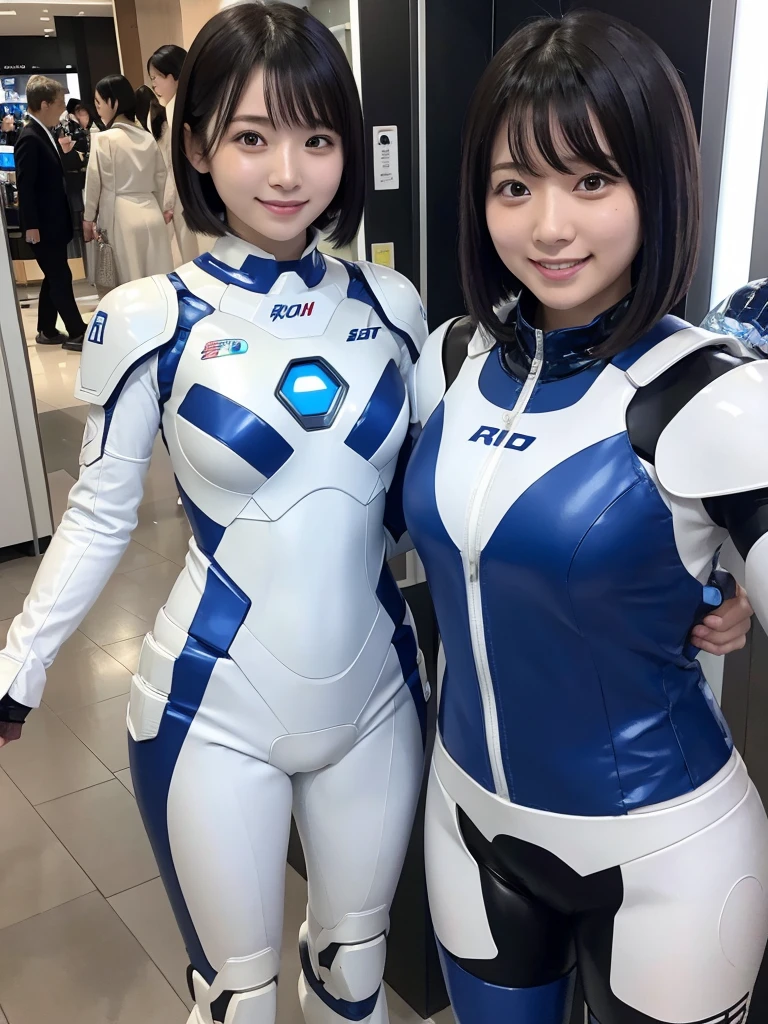 Japanese female android sisters,Black Hair,White and blue robot suit,Plump,Enjoying shopping,smile,