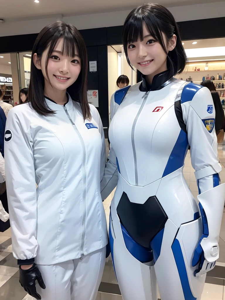 Japanese female android sisters,Black Hair,White and blue robot suit,Plump,Enjoying shopping,smile,