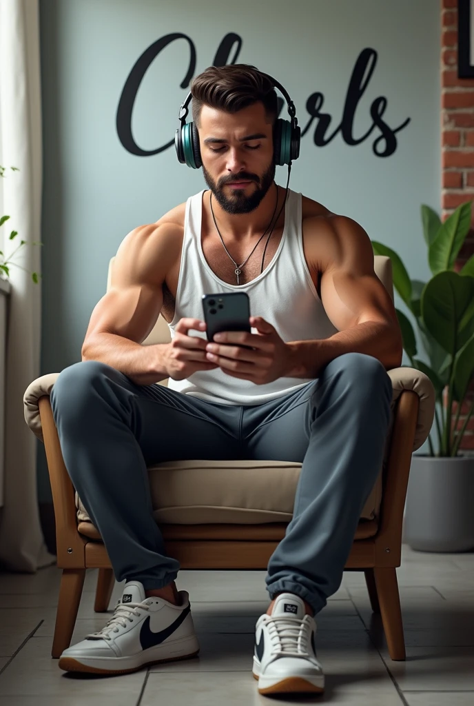 Create a picture of a man who is 2 and physically good and wear a halt tshirt and joggers and wear a headphone and have a mobile phone in his hand he is casually sitting on a chair and there is writing charls on the background