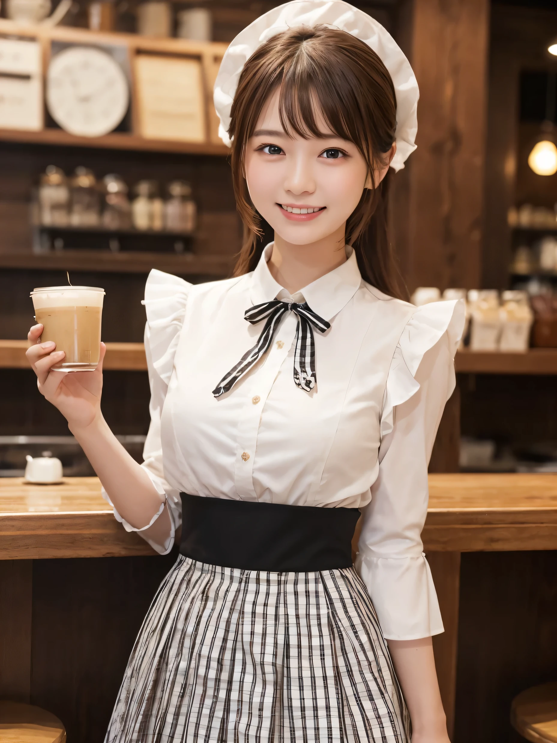 1 girl、(RAW Photos、Highest quality)、(Real、Photoreal:1.4)、Tabletop、Very delicate and beautiful、Very detailed、2k wallpaper、wonderful、Detailed、very detailedCG Unity 8K wallpaper、Super detailed、2、High resolution、(Gingham check waitress outfit)、Pleated skirt、Elegant skirt、Big Breasts、Frills、ribbon、Soft Light、Beautiful detailed girl、Puff sleeves、Cafe waitress、smile、Happy Face、Cafe