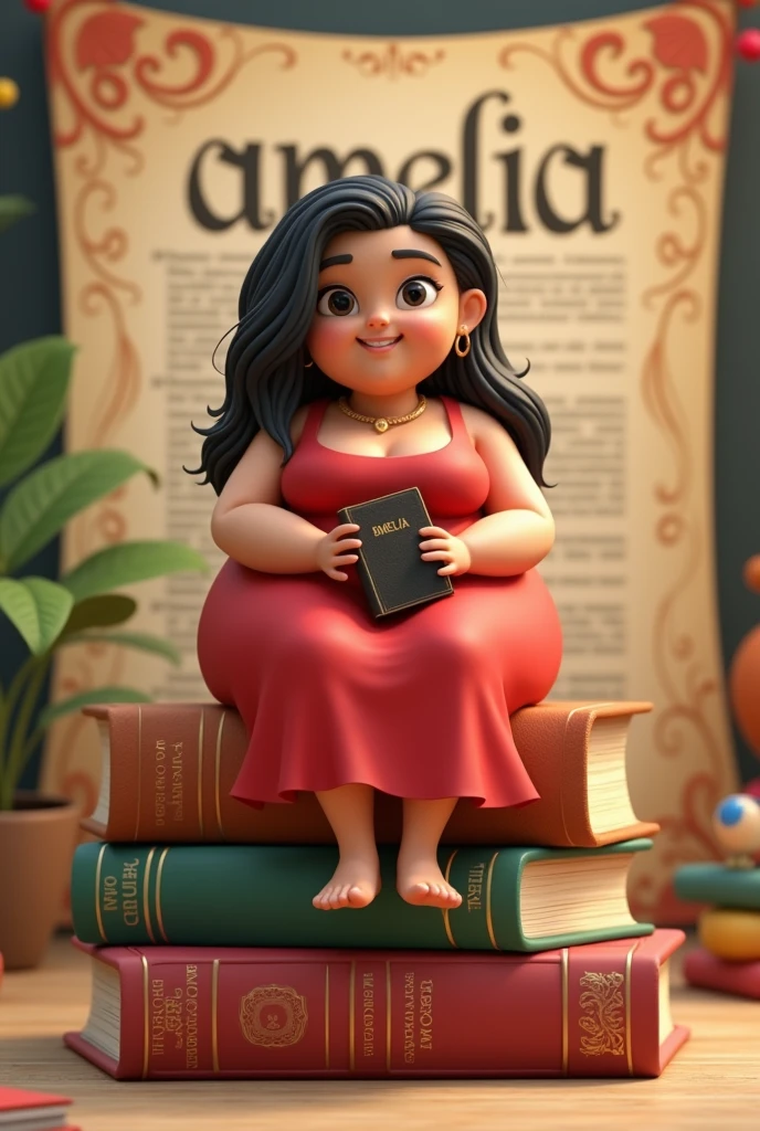 Comando: Create a 3D illustration of an animated Brazilian character sitting casually on top of "textbooks". The character must wear a long red dress, shoulder length hair black and straight, brunette skin, slanted eyes, very fat and round, "ear without earrings" holding a Bible. The background of the image is a beautiful page with the username "Amelia".