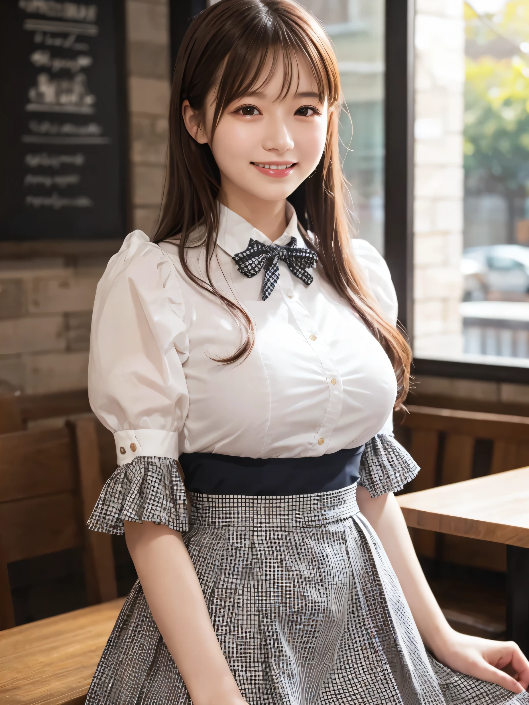 1 girl、(RAW Photos、Highest quality)、(Real、Photoreal:1.4)、Tabletop、Very delicate and beautiful、Very detailed、2k wallpaper、wonderful、Detailed、very detailedCG Unity 8K wallpaper、Super detailed、2、High resolution、(Gingham check waitress outfit)、Pleated skirt、Elegant skirt、Big Breasts、Frills、ribbon、Soft Light、Beautiful detailed girl、???? sleeves、Cafe waitress、smile、Happy Face、Cafe