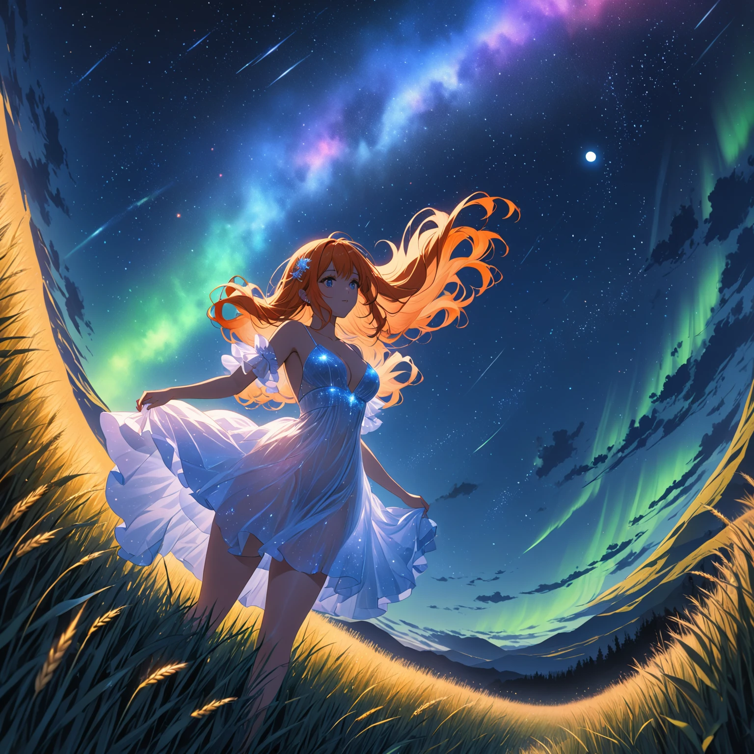 1 girl, alone, long orange hair, standing looking at the sky, revealing white dress, starry night, night with northern lights, fantasy night, giant moon, on a wheat background, view from below.