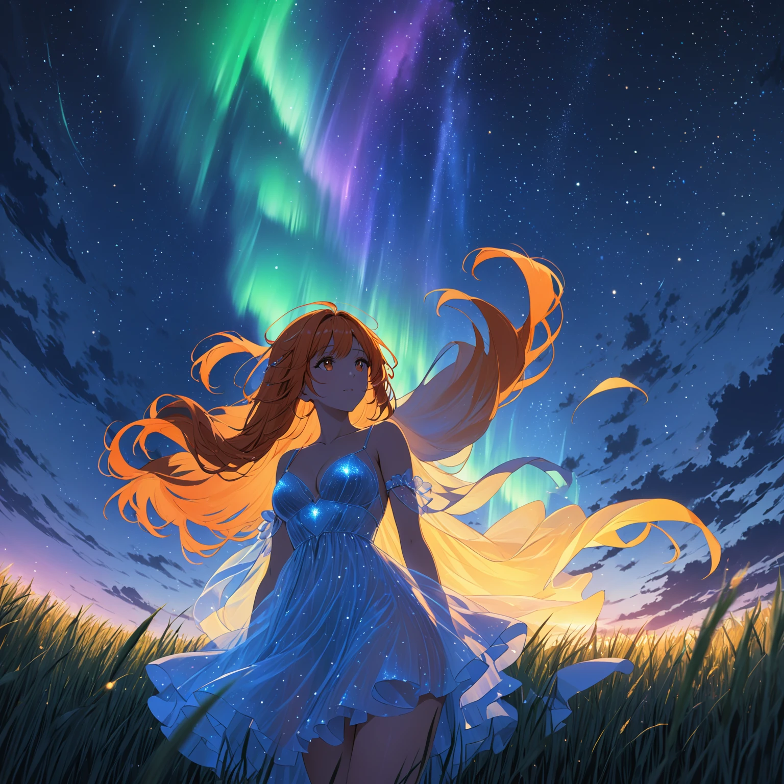 1 girl, alone, long orange hair, standing looking at the sky, revealing white dress, starry night, night with northern lights, fantasy night, giant moon, on a wheat background, view from below.