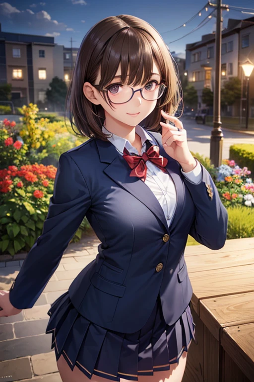 Negasaki Nene、Shiny brown hair, short hair, (Beautiful brown eyes、Sparkling eyes, Fine grain)、smile、Super detailedな目、Highly detailed face, Highly detailed eyes,Cowboy Shot、



(masterpiece:1.3, Highest quality, Ultra-high resolution, Super detailed), (Realistic, photoRealistic:1.4), Beautiful illustrations, Perfect lighting, Natural light, colorful, Depth of written boundary, 
Beautiful detailed hair, Beautifully detailed face, Beautiful attention to detail, Beautiful clavicle, Beautiful body, Beautiful breasts, Beautiful thighs, Beautiful feet, Beautiful fingers, 
View your viewers, 1 girl, high school girl, Perfect Face, (Perfect Anatomy, Anatomically correct), Cute and symmetrical face, , , Glowing Skin, 
 Hair between the eyes, Big eyes, Long eyelashes, (Medium chest), thin, 
(((Navy Blazer, Close Blazer), White collared shirt, Navy Pleated Skirt, Red bow tie), Black-rimmed glasses), Navy School Socks, 
(Beautiful views), evening, (garden), Are standing,  (Smile, Upward glance), 


Professional Lighting,Realistic Shadows,Focus Only,Beautiful Hands,Beautiful fingers,Detailed characteristics of the fingers,Detailed arm functions,Detailed clothing features,Detailed hair features,Detailed facial features,(Tabletop,Highest quality,Ultra-high resolution出力画像,) ,(8K quality,),(Picture Mode Ultra HD,)