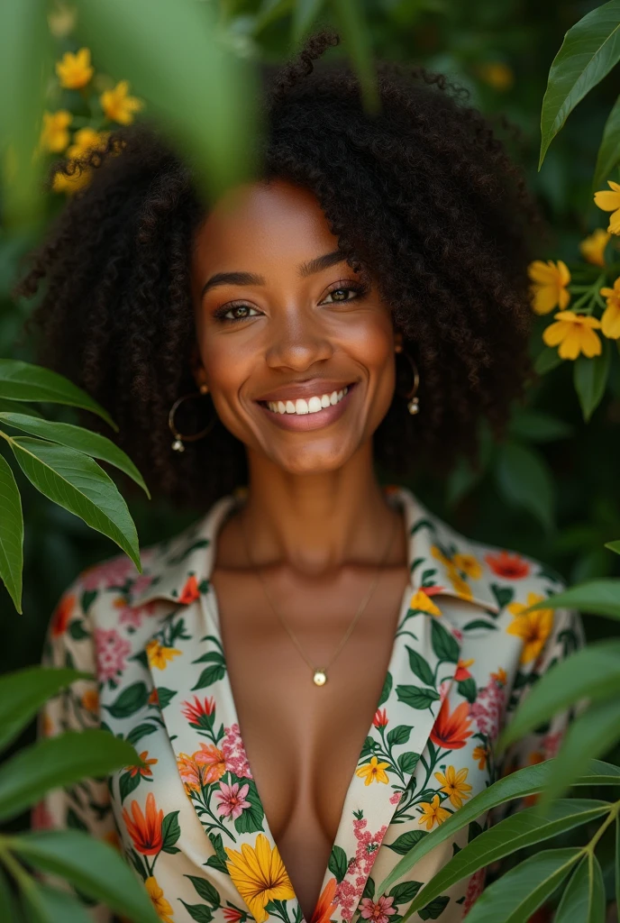 A Brazilian woman in a lush tropical garden, wearing an open shirt with a floral print, with a close-up capturing the harmonious beauty between her breasts and the natural flowers, showing off your natural charm and outgoing personality.