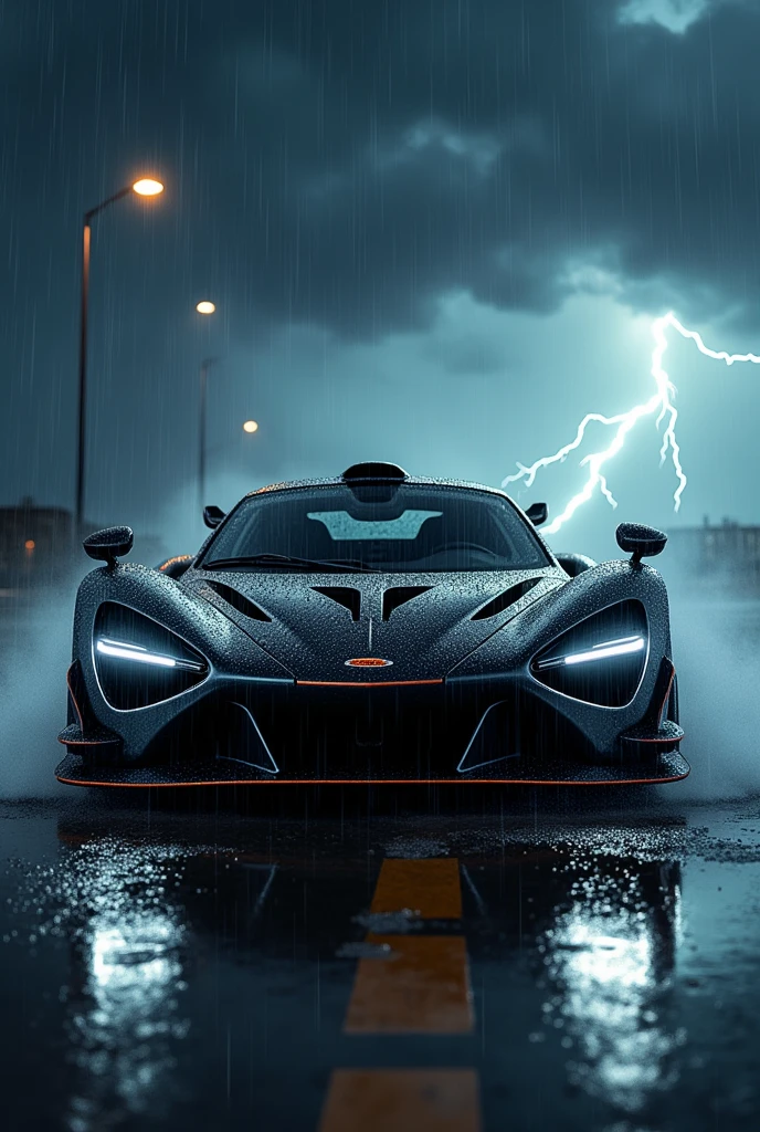 Generate an image of aesthetic McLaren senna in heavy thunderstorms and rain with portrait effects and aesthetic looks